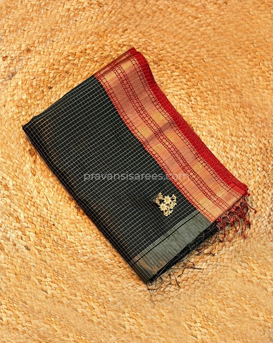 Pure Maheshwari Zari Checks Grey Saree