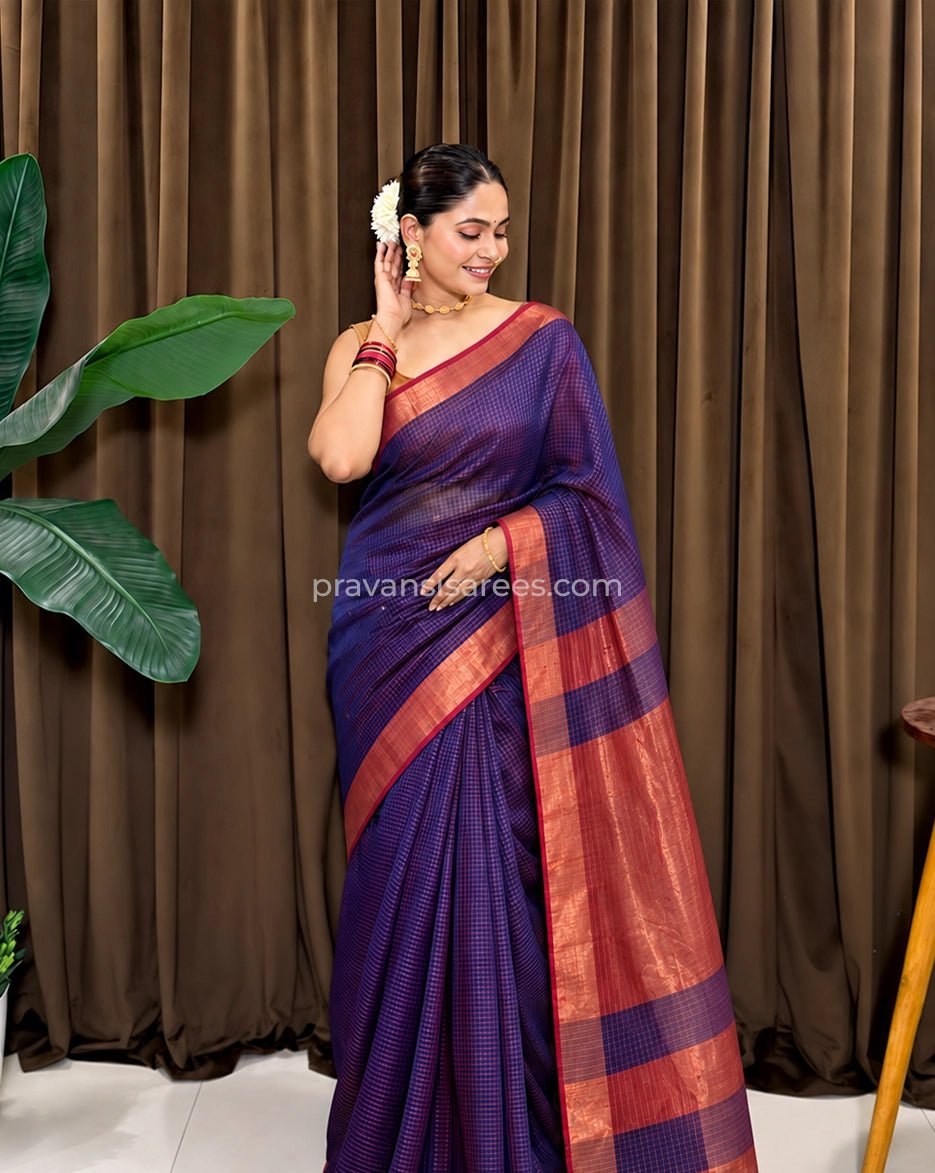 Styled model view of the Pure Maheshwari Zari Checks Purple Saree
