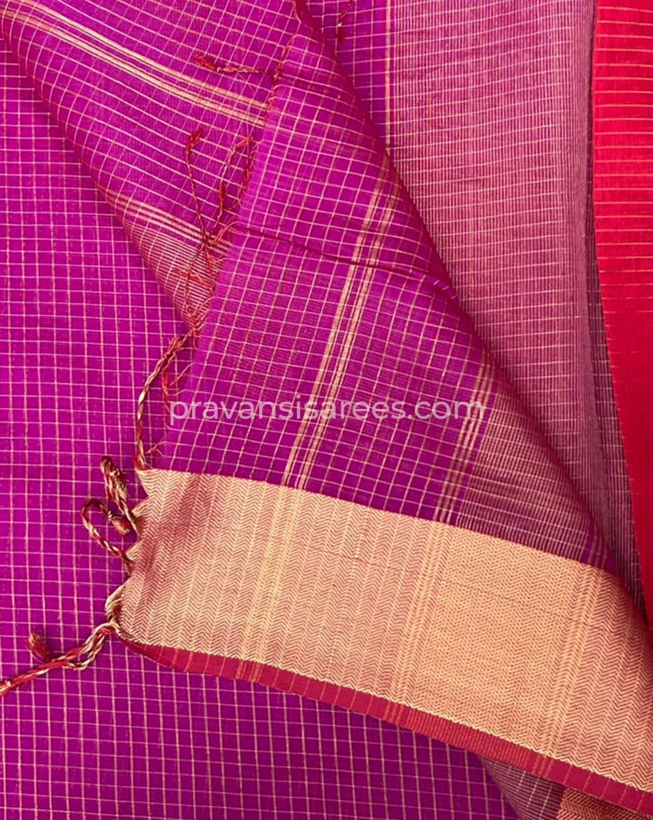 Product view of the Pure Maheshwari Zari Checks Rani Pink Saree
