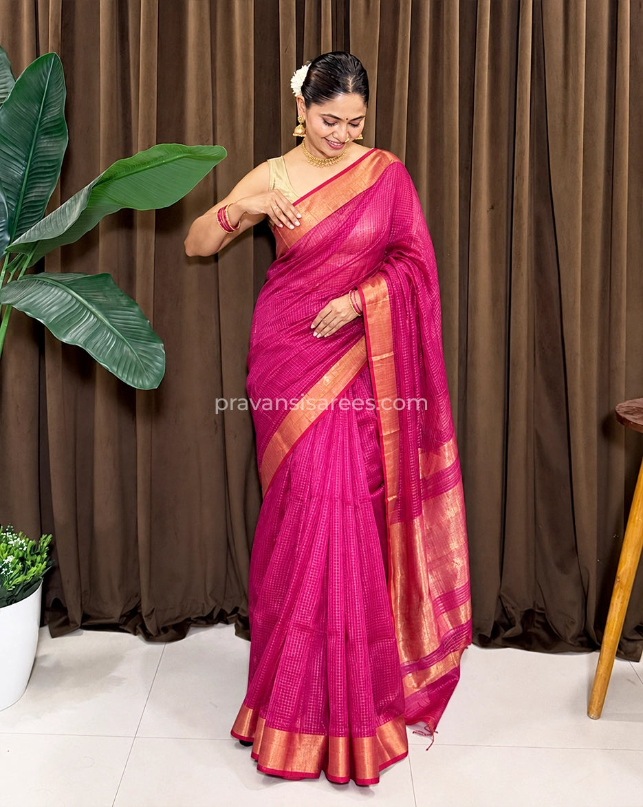 Pure Maheshwari Rani Pink Saree with Zari Checks
