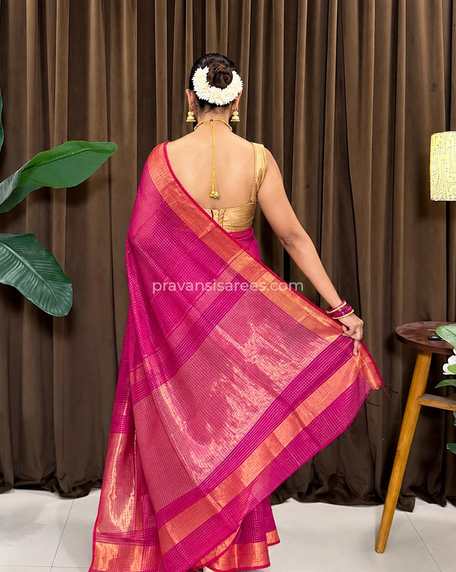 Pure Maheshwari Rani Pink Saree with Zari Checks