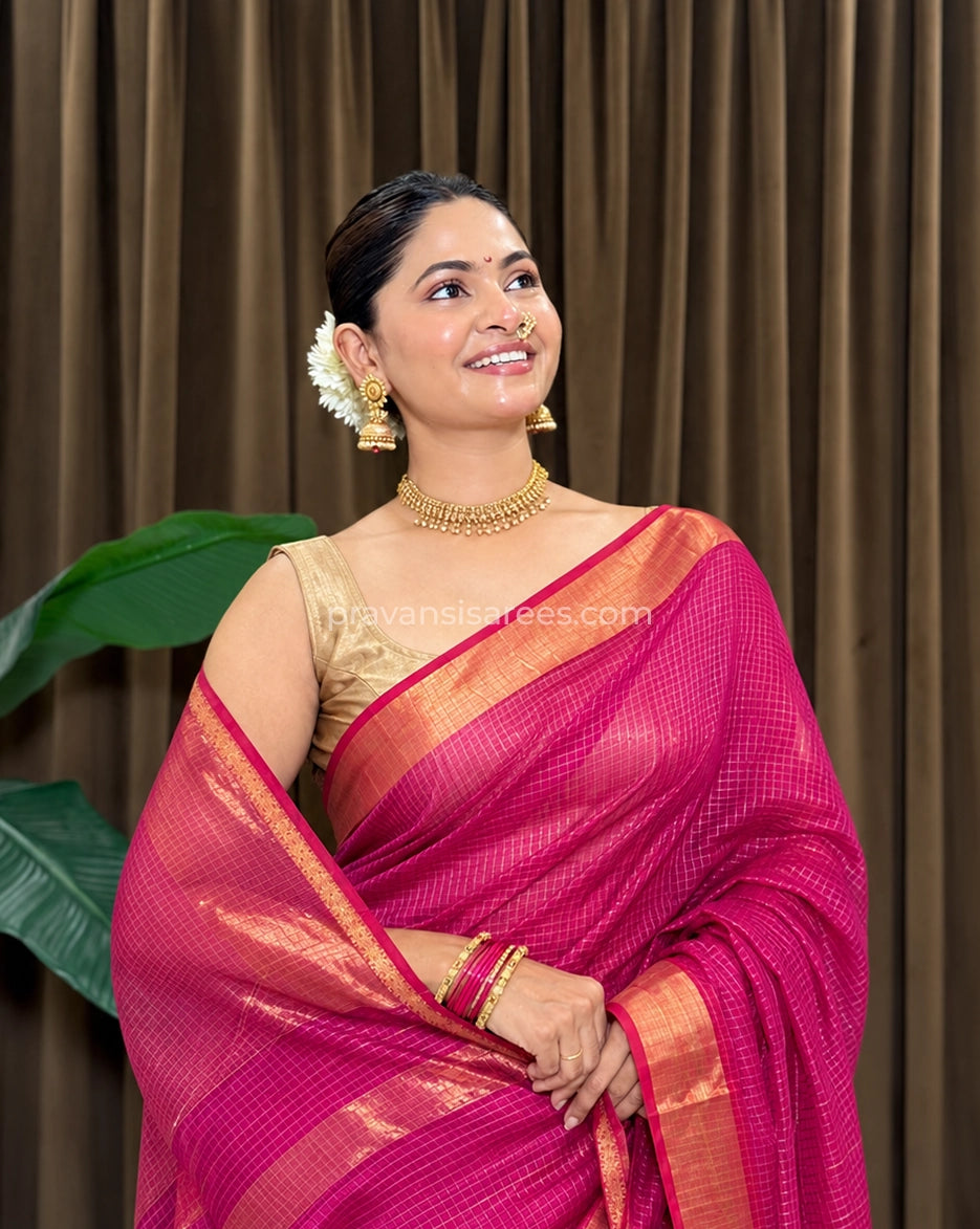 Styled model view of the Pure Maheshwari Zari Checks Rani Pink Saree