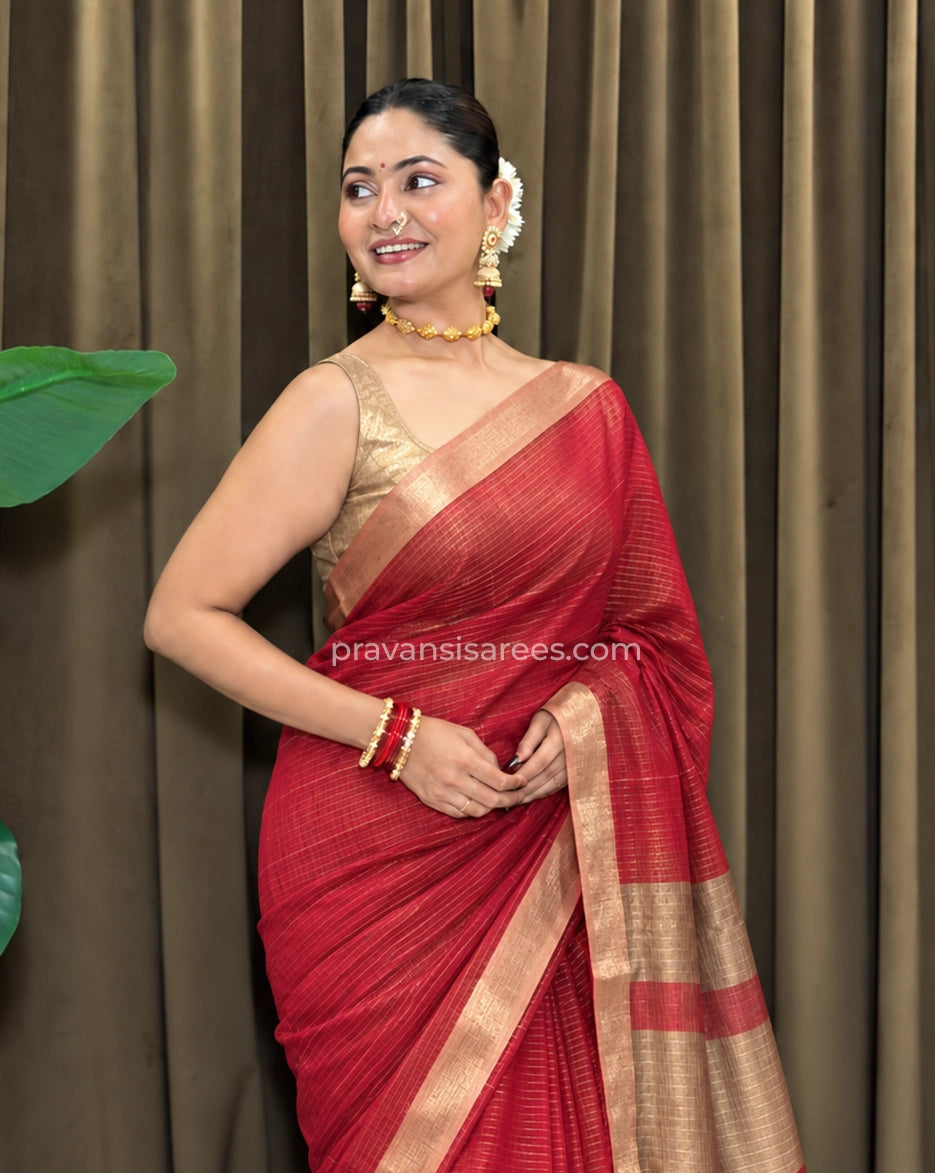 Model wearing the Pure Maheshwari Zari Linings Red Saree