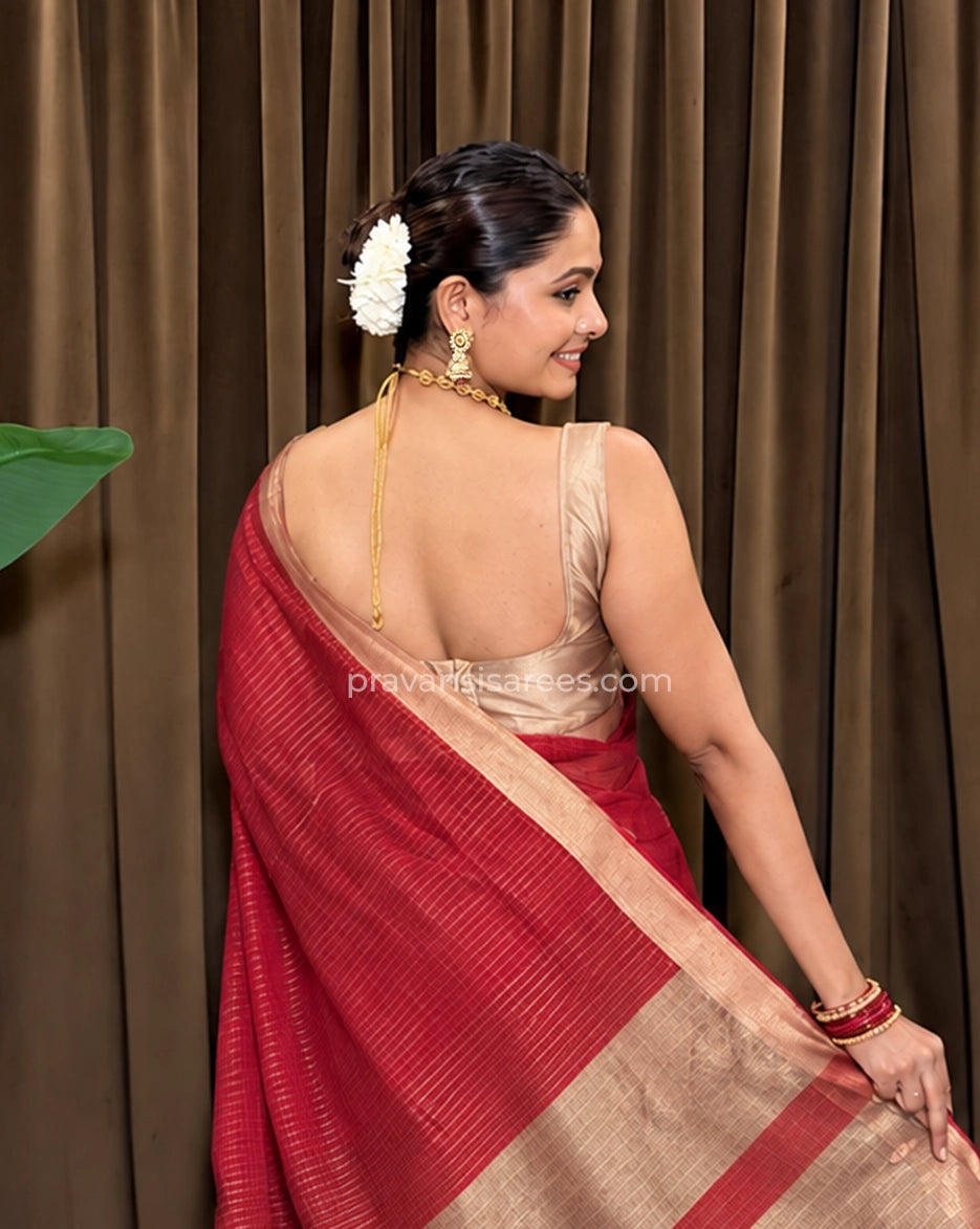 Model view of the Pure Maheshwari Zari Linings Red Saree showing the saree drape