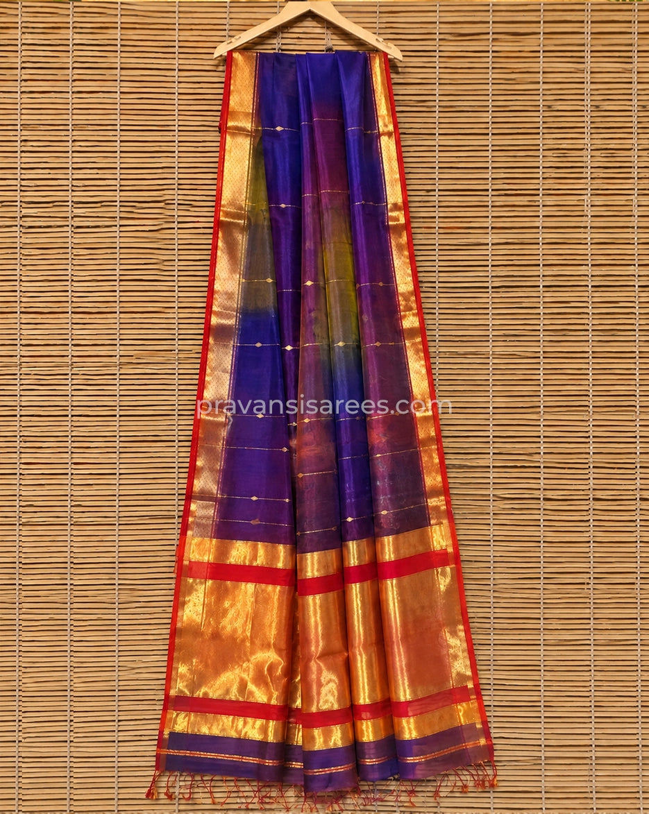 Full view of Purple Silk by Cotton Maheshwari Buttidar Saree with Red Border