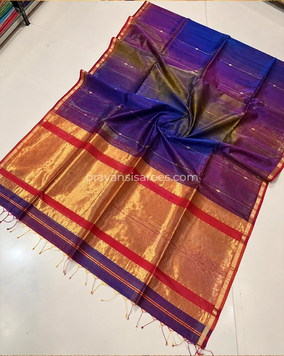 Open view of Purple Silk by Cotton Maheshwari Buttidar Saree with Red Border