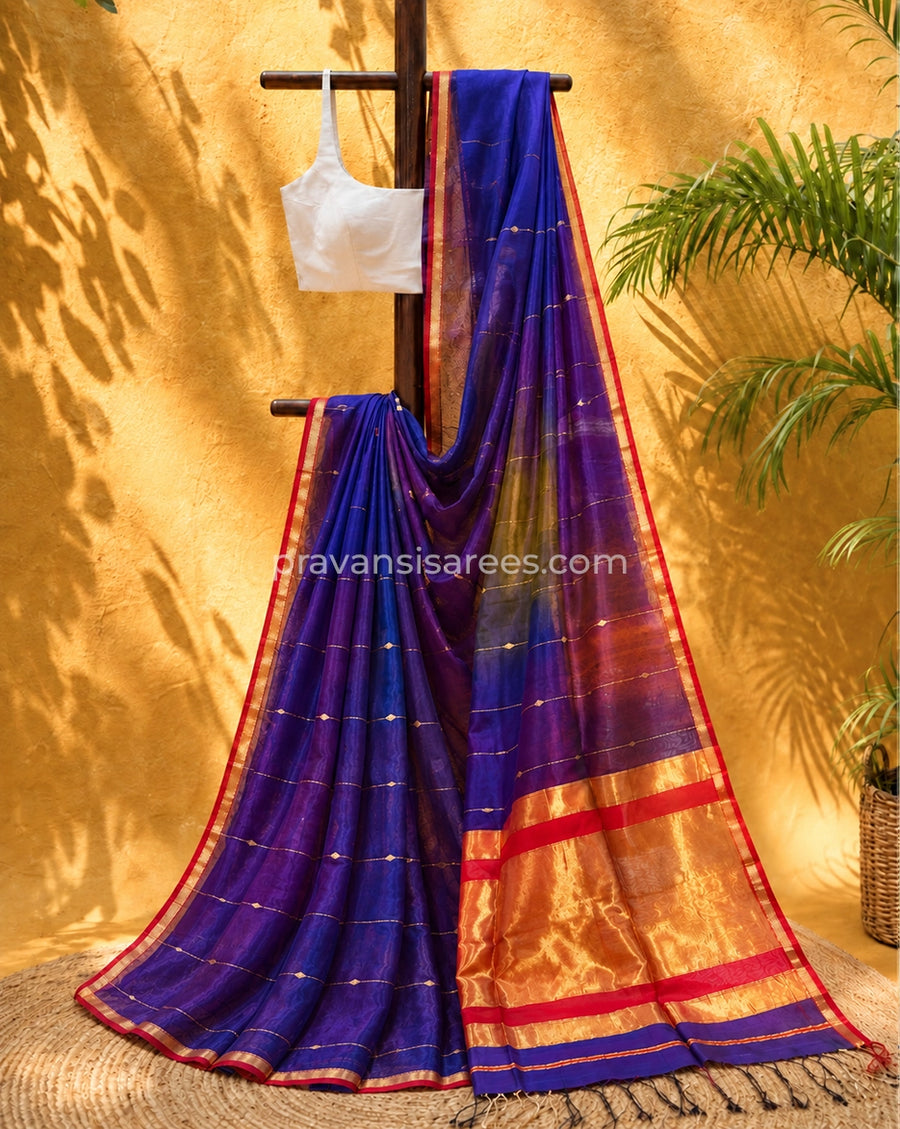 Purple Silk by Cotton Maheshwari Buttidar Saree with Red Border