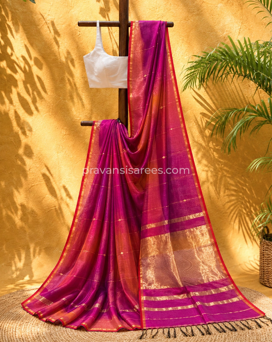 Rani Pink Shaded Silk by Cotton Maheshwari Buttidar Saree