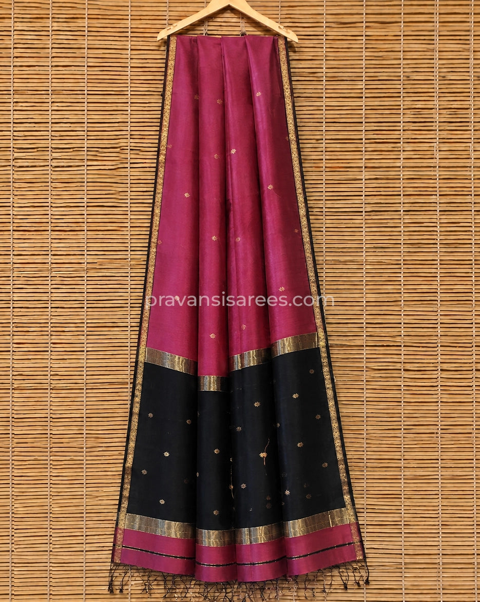 Full view of Rani Pink Silk by Cotton Maheshwari Buttidar Saree with Black Pallu