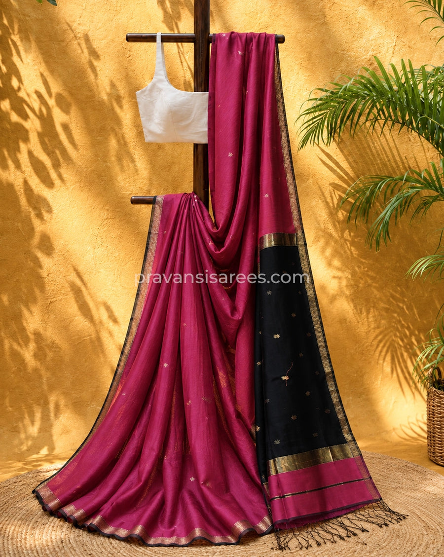 Rani Pink Silk by Cotton Maheshwari Buttidar Saree with Black Pallu