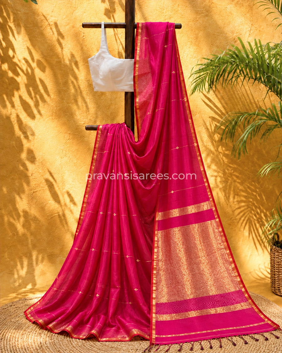 Rani Pink Silk by Cotton Maheshwari Buttidar Saree