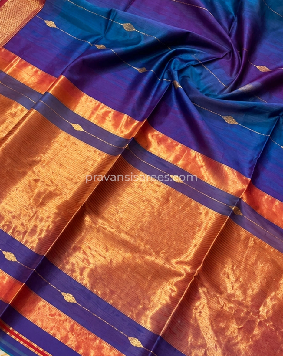 Close-up of Royal Blue & Purple Shaded Silk by Cotton Maheshwari Buttidar Saree