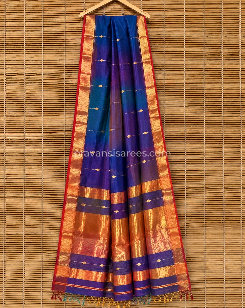 Full view of Royal Blue & Purple Shaded Silk by Cotton Maheshwari Buttidar Saree