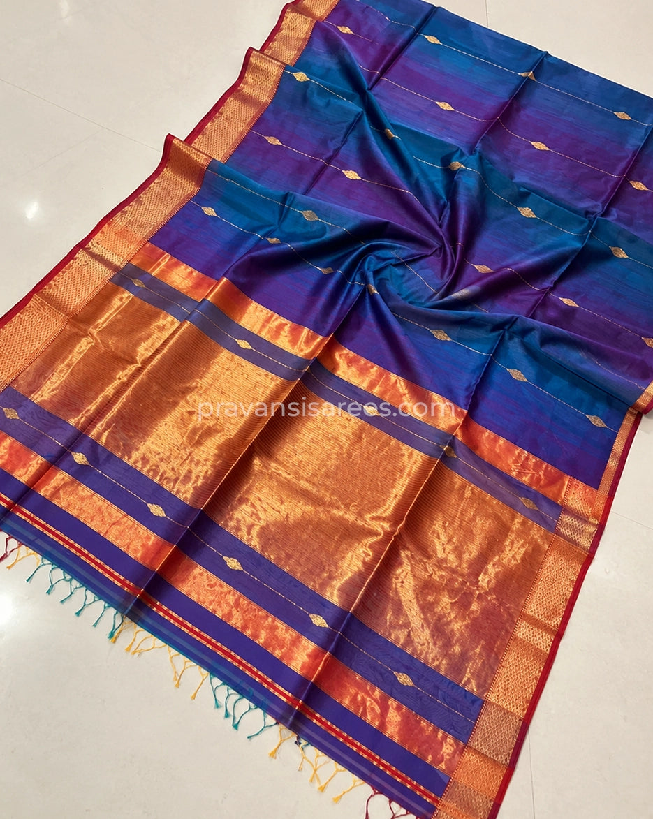 Open view of Royal Blue & Purple Shaded Silk by Cotton Maheshwari Buttidar Saree