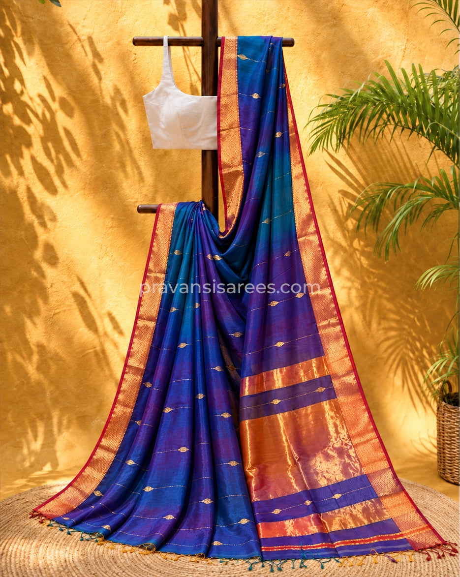 Royal Blue & Purple Shaded Silk by Cotton Maheshwari Buttidar Saree