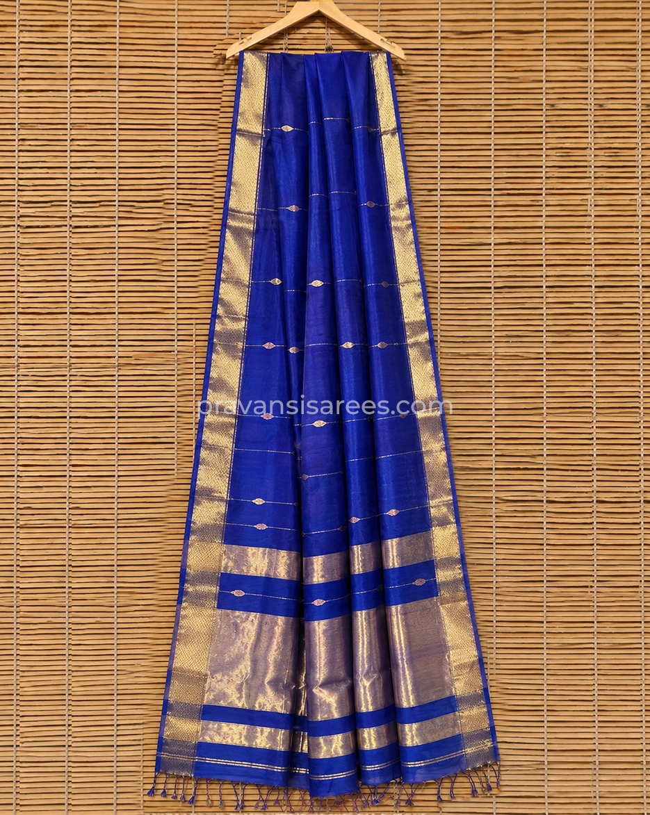 Full view of Royal Blue Silk by Cotton Maheshwari Buttidar Saree with Zari Pallu