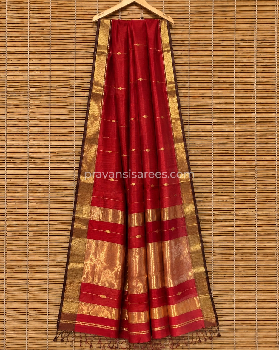 Full view of Ruby Red Silk by Cotton Maheshwari Buttidar Saree