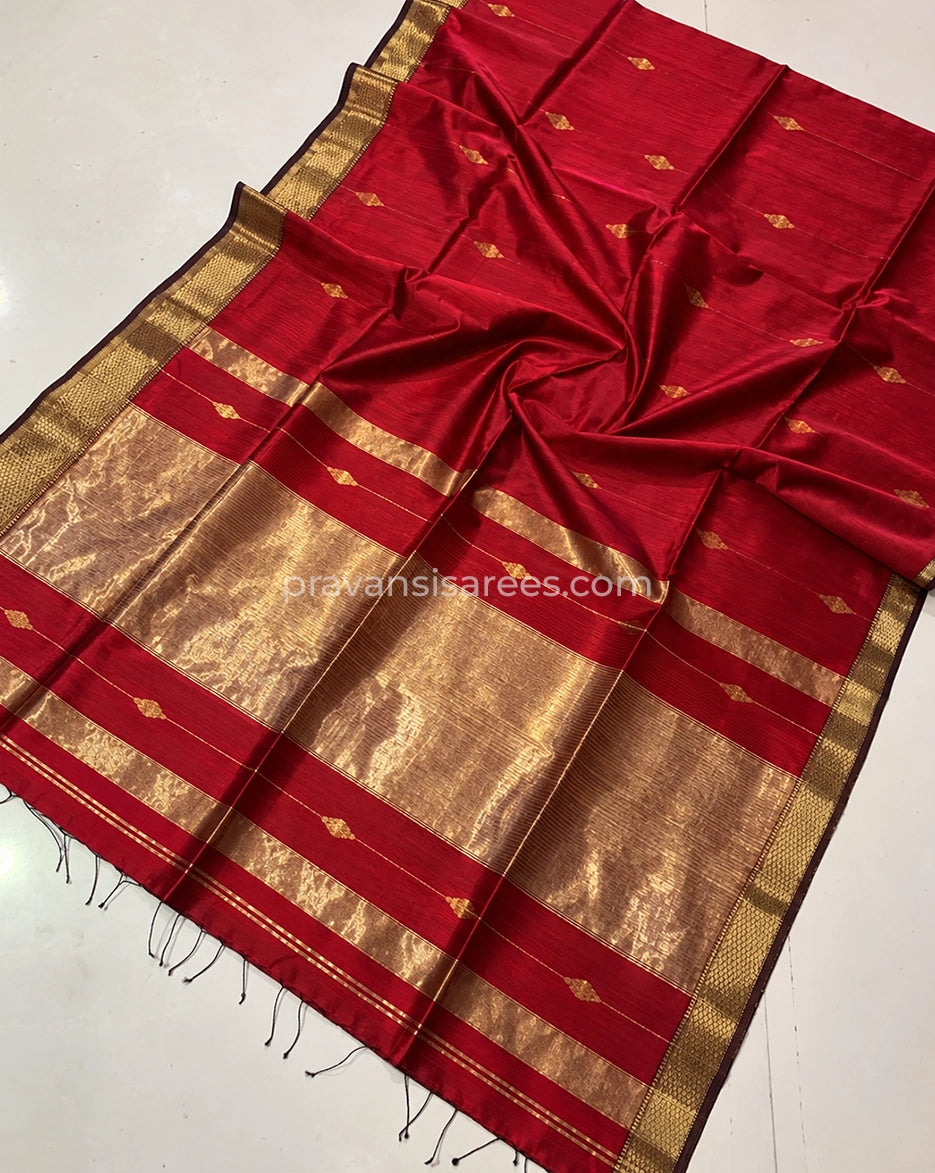 Open view of Ruby Red Silk by Cotton Maheshwari Buttidar Saree