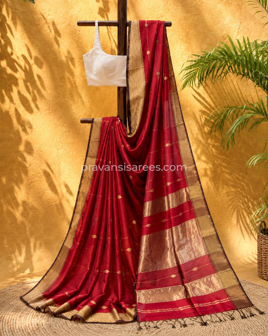 Ruby Red Silk by Cotton Maheshwari Buttidar Saree