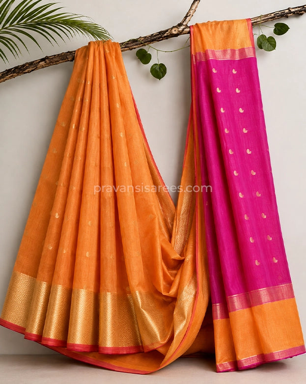 Full view of Semi Maheshwari Kari Butti Orange Saree
