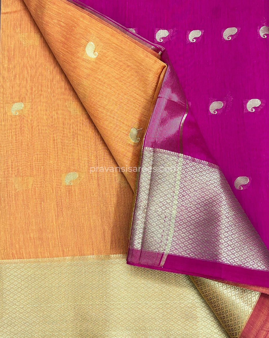 Product view of the Semi Maheshwari Kari Butti Orange Saree