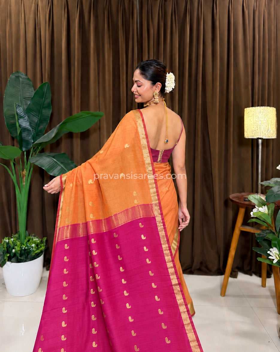 Model view of the Semi Maheshwari Kari Butti Orange Saree showing the saree drape