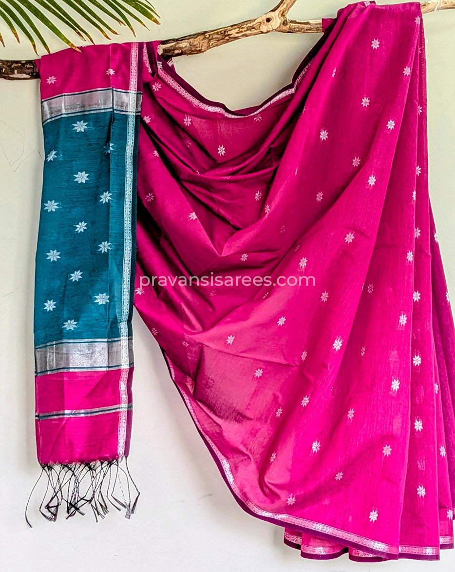 Full view of Semi Maheshwari Star Butti Magenta Saree