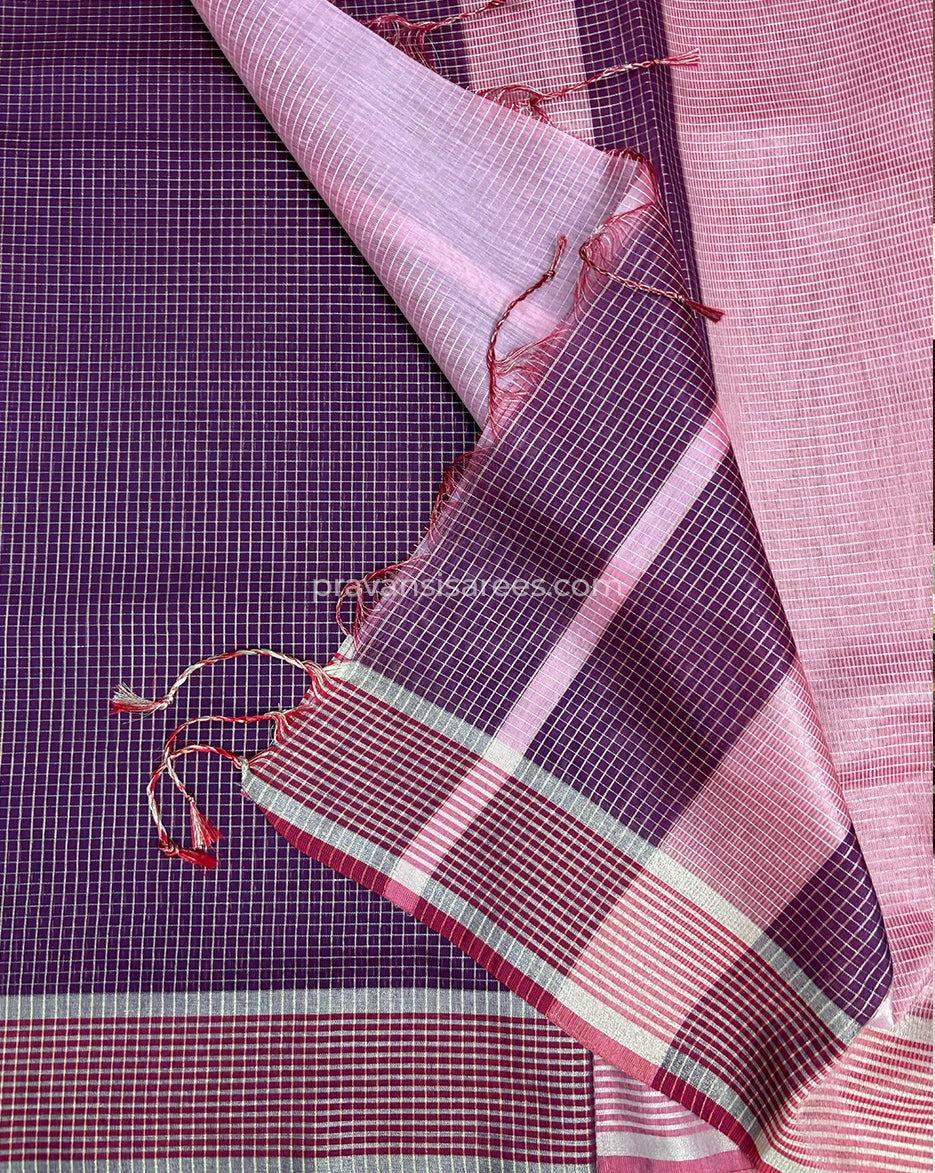 Product view of the Semi Maheshwari Zari Checks Wine Saree