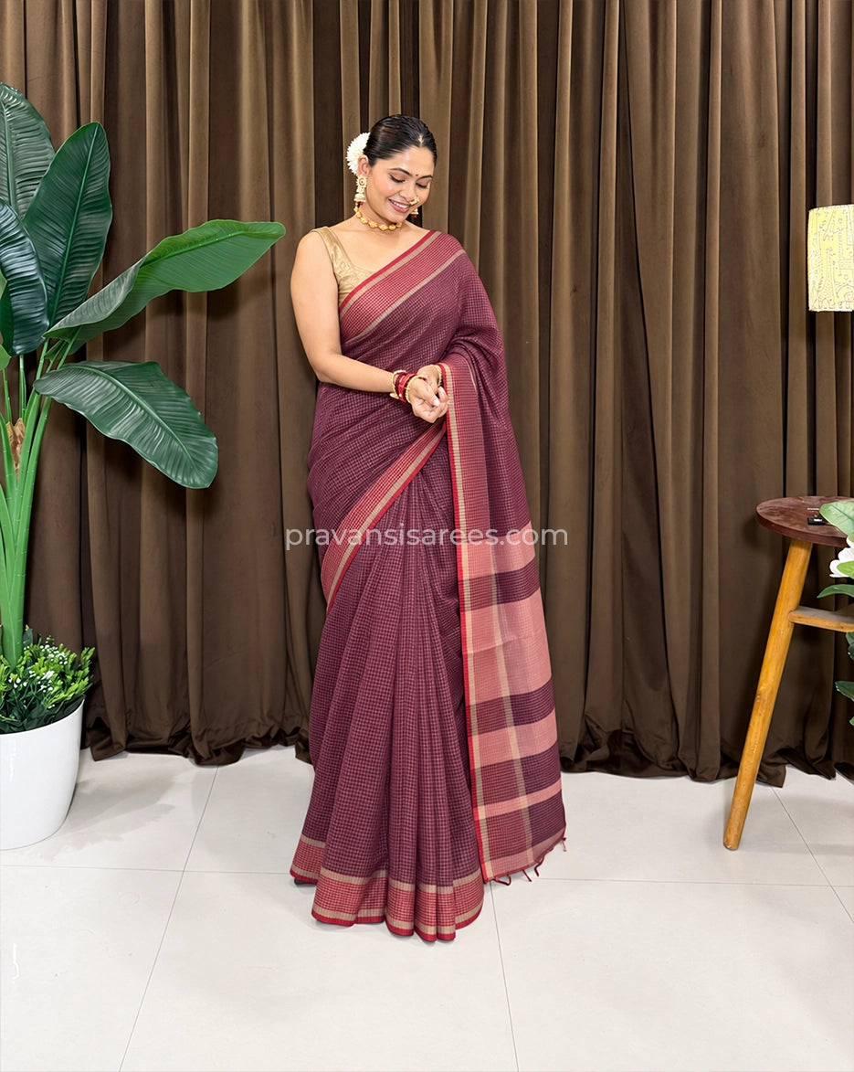 Styled model view of the Semi Maheshwari Zari Checks Wine Saree